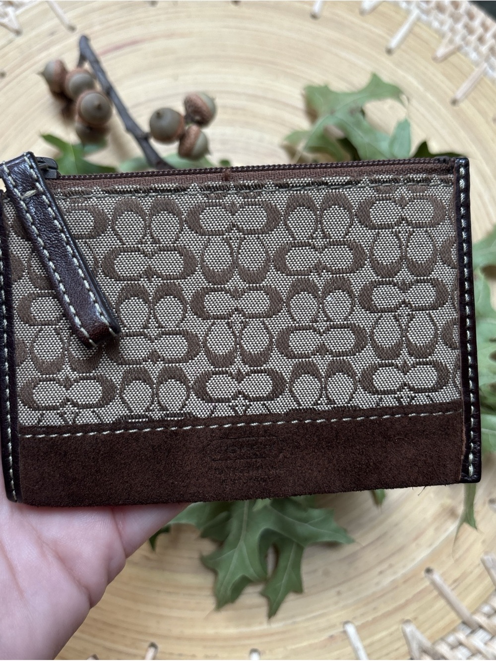 Coach Brown Signature Canvas Card Holder with Suede Trim